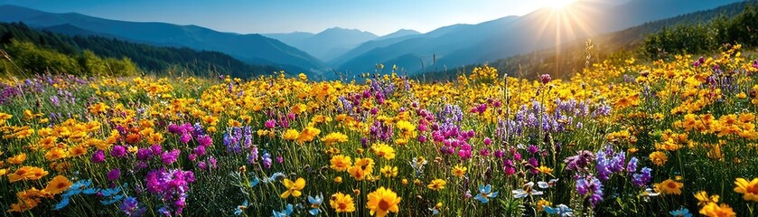 Obraz premium Blooming flowers in meadow with glowing landscapes and nature concept. Vibrant wildflowers bloom under a bright morning sun in nature.