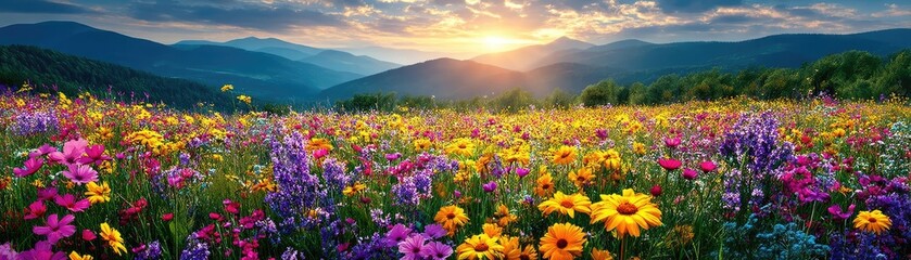 Obraz premium Blooming flowers in meadow with glowing landscapes and nature concept. Vibrant wildflowers blooming under a stunning sunset sky.