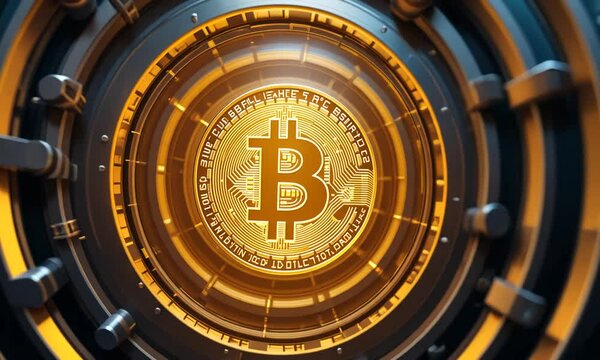 Shiny golden bitcoin coin spinning in close-up over dark background with glowing rings. Concept of digital currency and blockchain