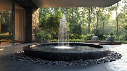 Outdoor fountain graces a modern space with trees, foliage, and lounge chairs