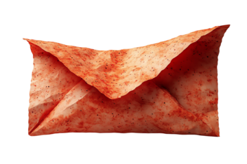 A unique, textured envelope soaked in chili flakes, suitable for creative culinary presentations.