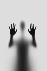 A shadowy figure is seen behind a frosted surface, pressing hands against it. The silhouette suggests a desire for connection or confinement.