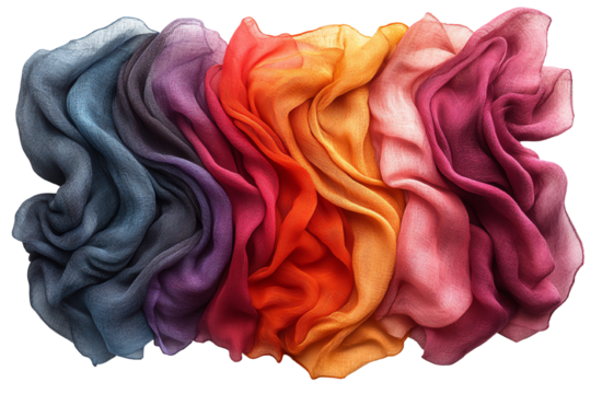 A vibrant collection of colorful silk fabrics, elegantly draped and layered to showcase a blend of hues.