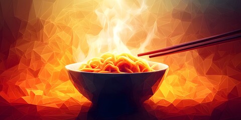 A steaming bowl of noodles with chopsticks.