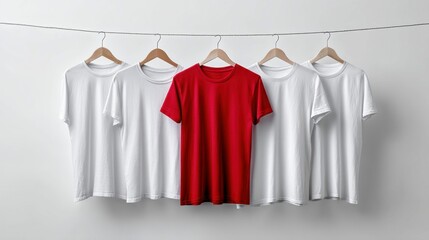 A row of white t-shirts hanging on wooden hangers, with a red one in the center, on a white background.