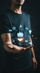 Business Growth: Man Holds Teamwork, Strategy, & Innovation Icons. Digital Transformation & Collaboration Concept.