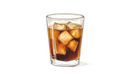 Refreshing Iced Brown Drink in Glass, Hand-drawn Illustration