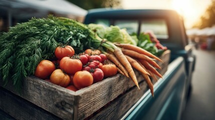 A wooden crate overflowing with fresh, ripe vegetables, including tomatoes and carrots, in the back of a truck, ready for sale.