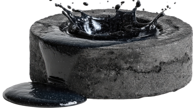 Crude Oil Spill: Dark, viscous crude oil spills over the edges of a porous, grey stone, creating dramatic splashes and ripples.