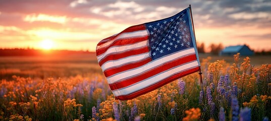 An american flag waves proudly in a field of wildflowers at sunset, evoking patriotic sentiment and natural beauty.