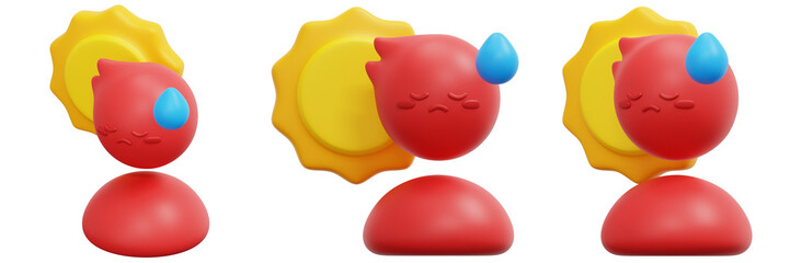 Set of Animated 3D Red Character Sweating Under a Yellow Sun 3d Render Icon Illustration