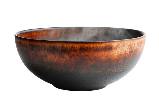Brown ceramic bowl filled with steaming hot food, isolated on a white background.