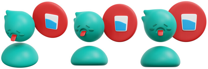 Set of Cute 3D Rendered Thirsty Cartoon Characters with Water Icons 3d Render Icon Illustration