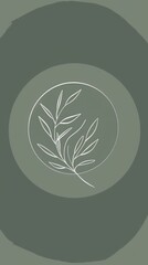Minimalist Botanical Line Art Branch in Circle on Muted Green Background