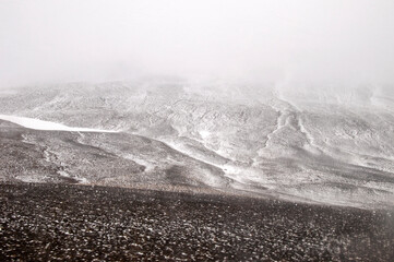North Iceland, snow falling across mountains