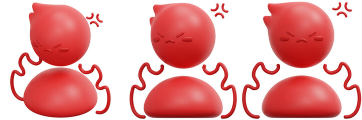 Set of Red Cartoon Characters Expressing Anger Through Facial Expressions and Body Language 3d Render Icon Illustration