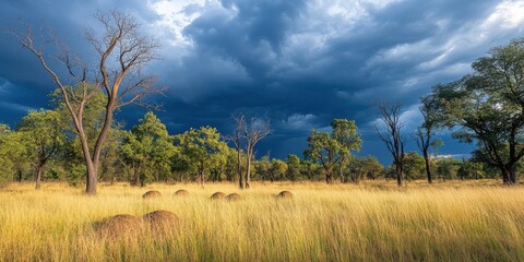 Obraz premium African Savanna Landscape Dramatic Sky Golden Grass Termite Mounds Trees Nature Photography Sun Wild