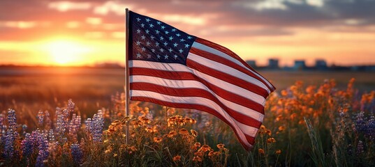An american flag proudly waves in the wind above a field of wildflowers with a stunning sunset backdrop.  This patriotic image is perfect.
