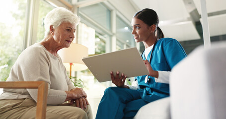 Fototapeta premium Checkup, nurse and smile for senior patient, good news and treatment plan for illness, women and info. Happy, medical professional and diagnosis for elderly person in hospital, results and healthcare