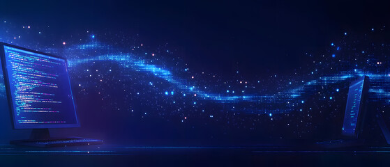 A flat vector illustration of a coding concept, deep blue theme, technology background, code snippets flowing across, binary codes integrated into the design, subtle glow effects, dark blue tones