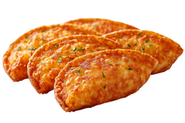 Delicious golden empanadas with a crispy crust and herbs, presented on a white isolated background.