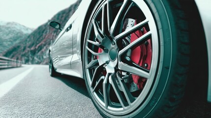 Close-up of a luxury sports car's wheel on the road, with mountain scenery in the background. The car is in motion.