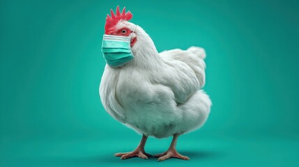 A white chicken stands against a vibrant teal backdrop, wearing a protective face mask for health.