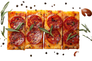Delicious pepperoni pizza slices garnished with herbs on a white isolated background.