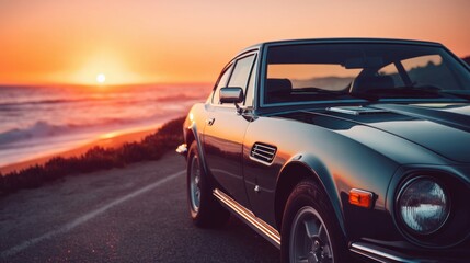 A classic vintage car is parked at the edge of a coastal road during sunset, the ocean reflecting the warm hues.
