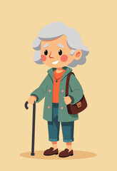 Fototapeta premium Friendly illustration of elderly character walking with cane, drawn in soft flat colors and a calm pastel setting 