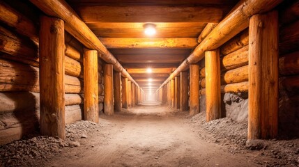An illuminated tunnel in a mine is shown with wooden logs supporting the structure, creating depth.
