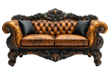 Elegant vintage sofa with ornate detailing and rich leather upholstery, perfect for luxurious interior design.