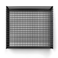 An overhead view shows a black metal wire basket on a white background