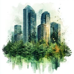 Obraz premium Modern Cityscape Watercolor Painting Green Trees and Illuminated Skyscrapers