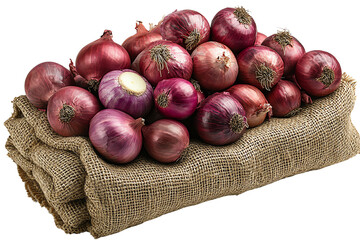 Obraz premium Fresh red onions gathered in a burlap sack, showcasing their vibrant colors and natural texture.