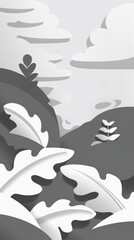 Fototapeta premium Monochrome abstract landscape with plants and clouds