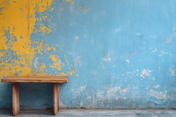 Rustic Wooden Bench Against a Weathered Blue and Yellow Wall