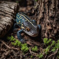 A salamander curled under bark, pure background