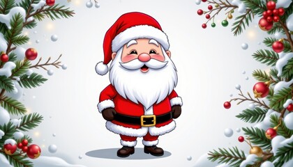 Fototapeta premium Cheerful Cartoon Santa Claus in Red Costume with Smiling Face Surrounded by Holiday Decorations