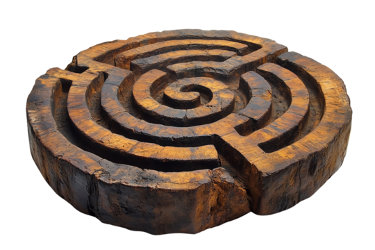 Intricately designed wooden labyrinth on a circular base, showcasing craftsmanship and artistry, isolated on a white background.