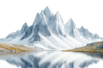 Majestic snowy mountains reflecting in calm water under a clear blue sky.