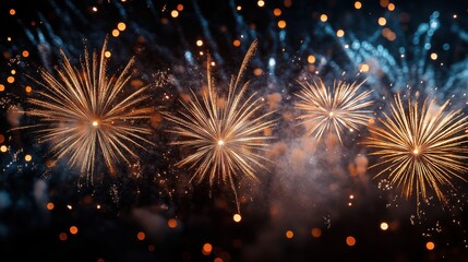 Fototapeta premium Night Sky Fireworks Display with Gold Orange and Blue Sparks