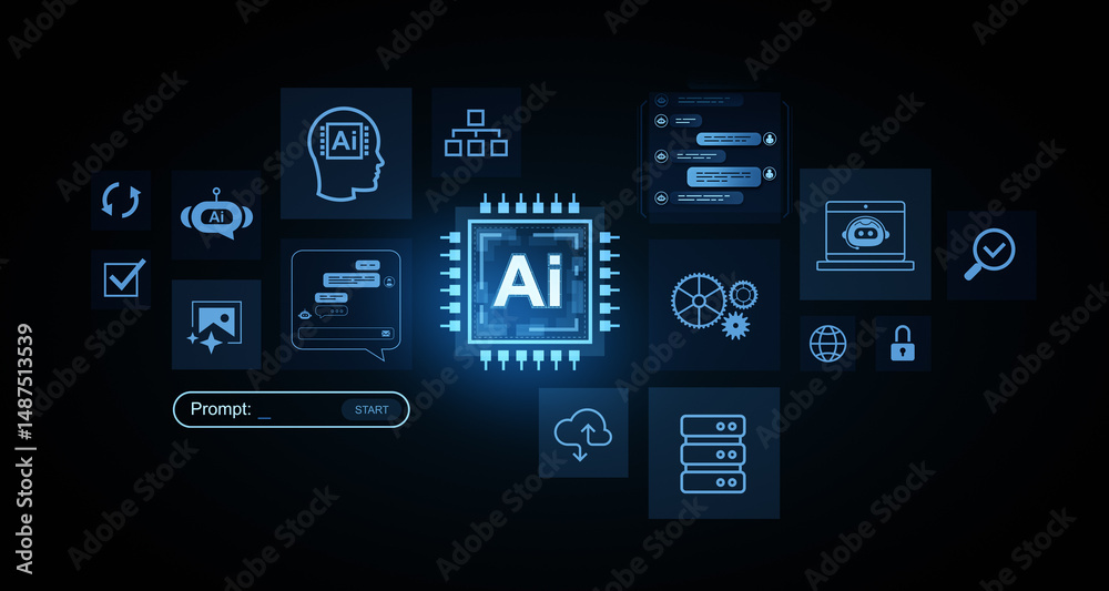 Poster artificial intelligence chip with futuristic ui icons visualizing ai technology, automation, chatbot