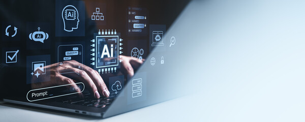 Hands typing on laptop with artificial intelligence interface icons overlayed, representing AI...
