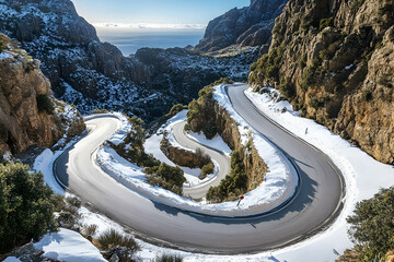 Winding mountain road in winter