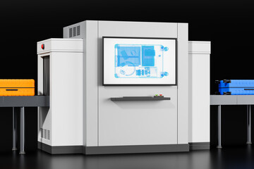 Modern airport security scanner with conveyor and luggage, displaying real-time x-ray imaging of suitcase contents on screen. Security screening concept. 3D Rendering