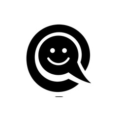 Obraz premium Happy Conversation Icon: A captivating black and white icon representing the essence of positive dialogue, featuring a smiling face integrated within a speech bubble and a circular frame.