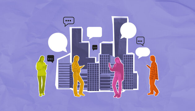 Colorful silhouettes of people texting in cityscape with speech - Powered by Adobe