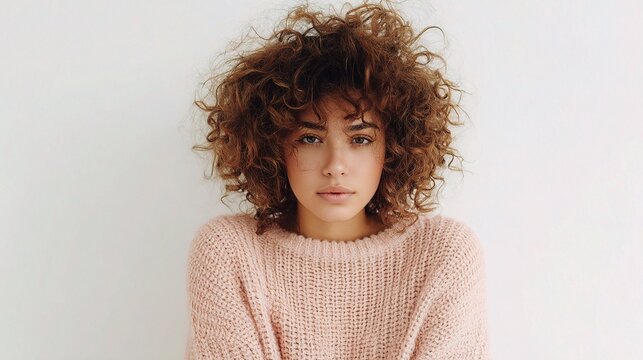 Portrait of Woman with Brown Highlighted Curls in Soft Pink Sweater - Powered by Adobe