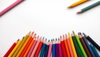 Obraz premium Colorful long wavy border of colored pencils, top view, isolated on white background, office supplies, learning